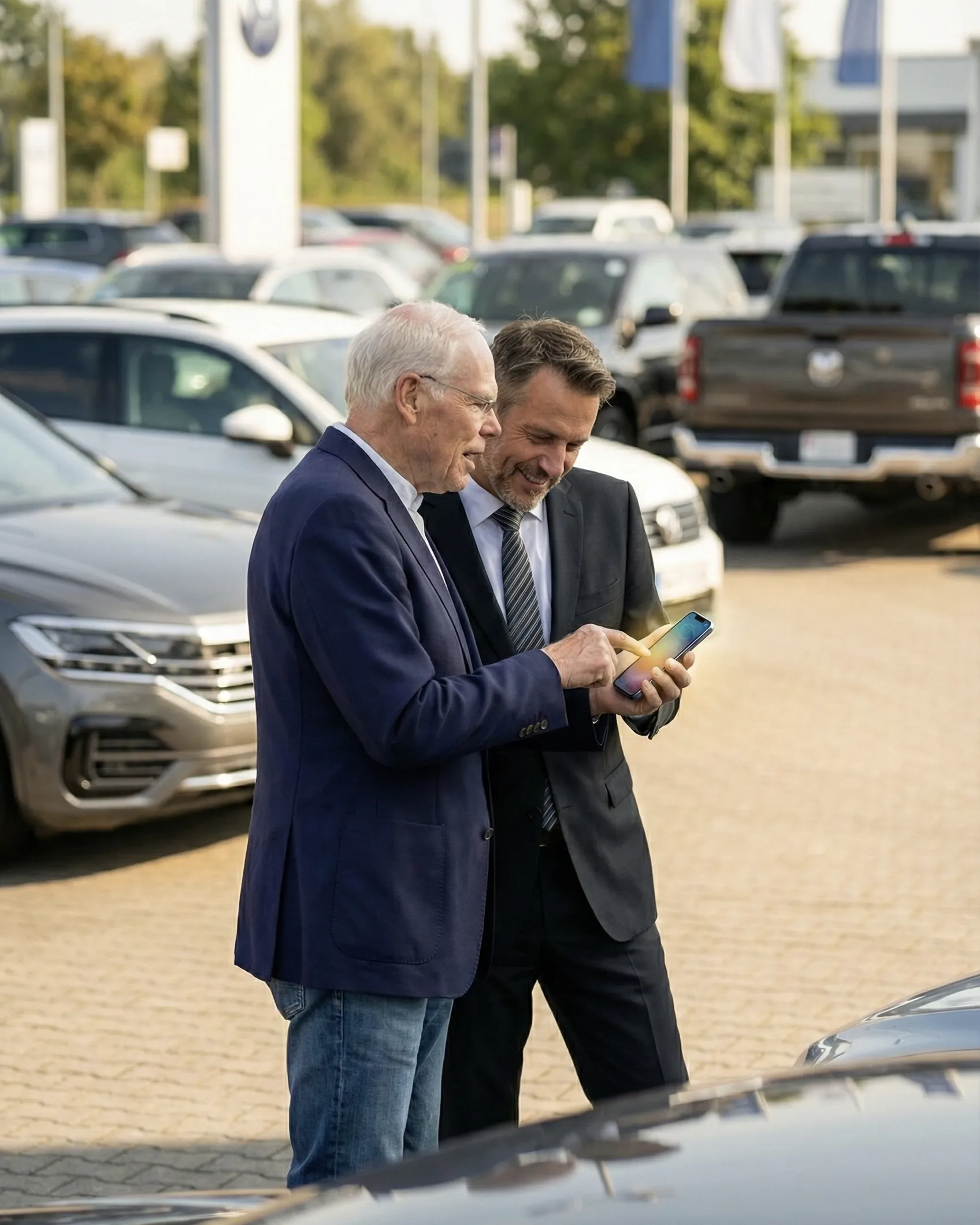Bernd Behrens recording vehicles on a dealer lot with his smartphone