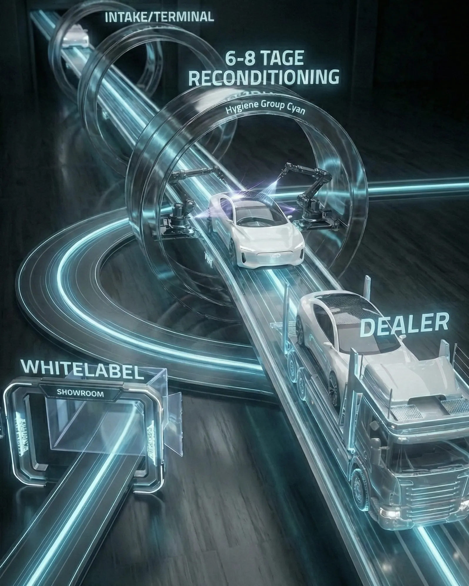 Graphic of a vehicle on its way through reconditioning to the dealer