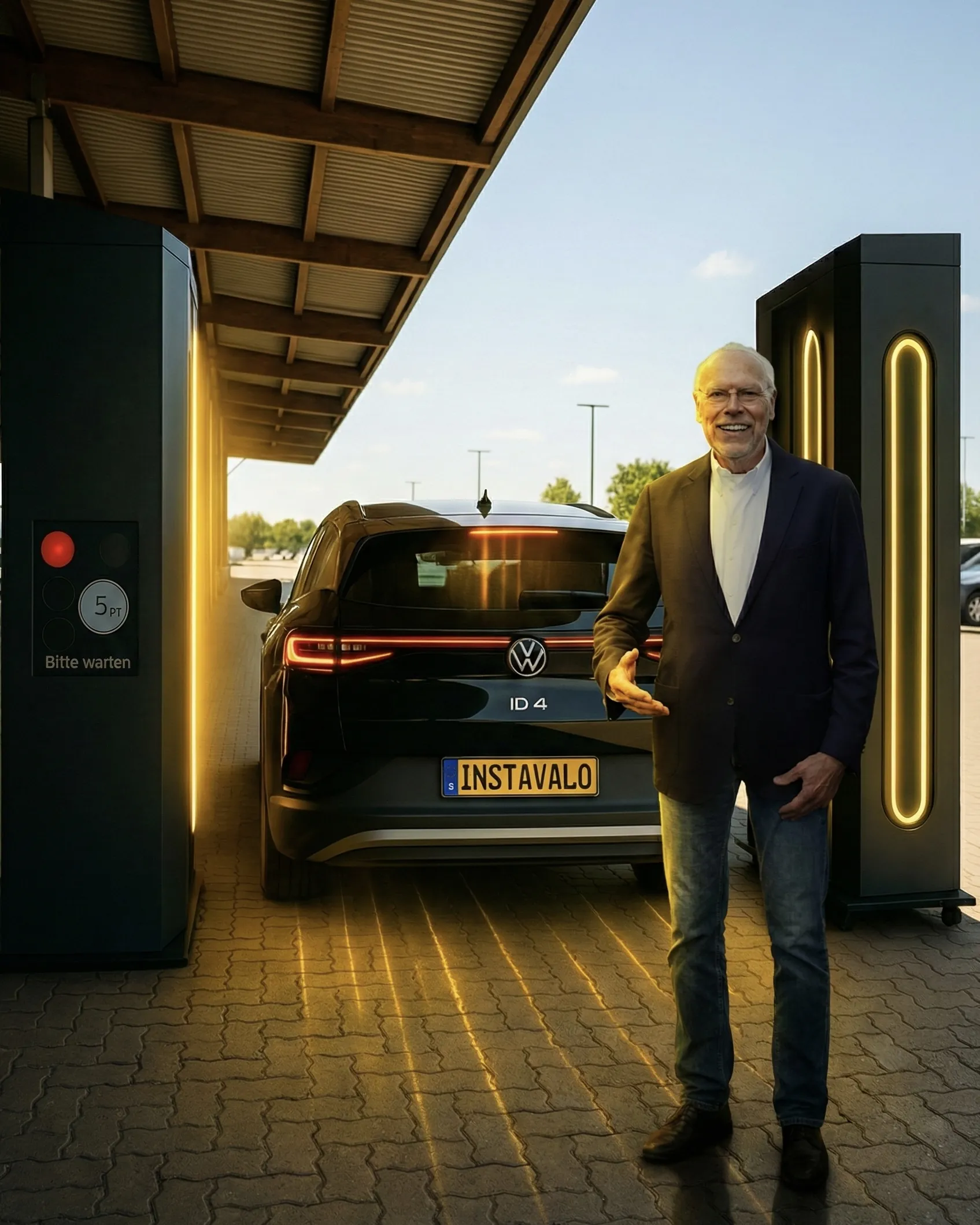 Bernd Behrens neben dem beleuchteten Scannertor, durch das ein Auto fährt
